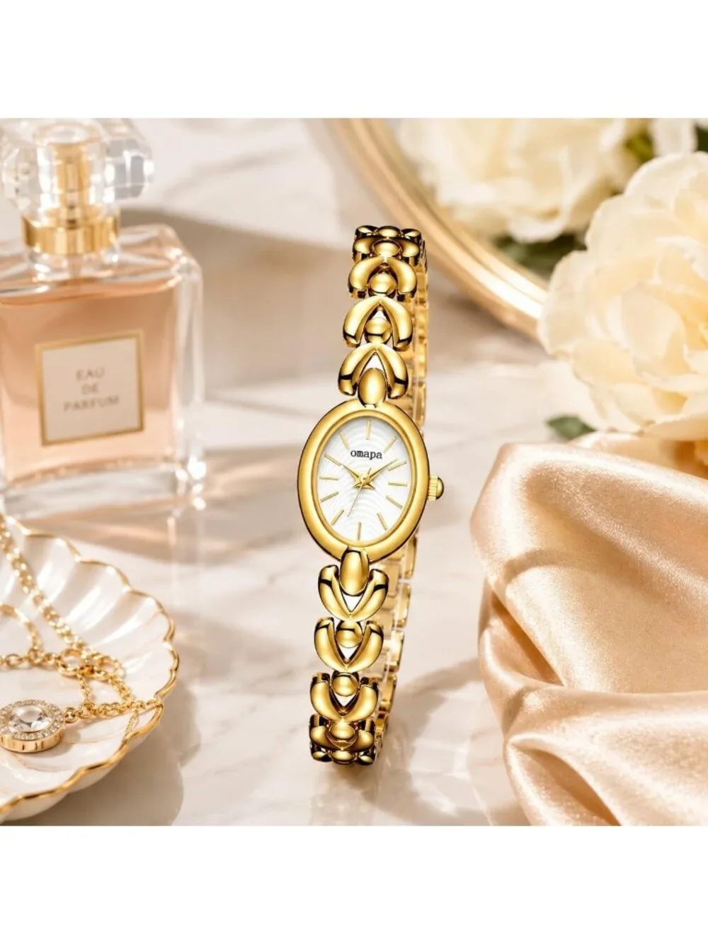 Women's Gold White Dainty Oval Adjustable Bracelet Vintage Stylish Wrist Watch